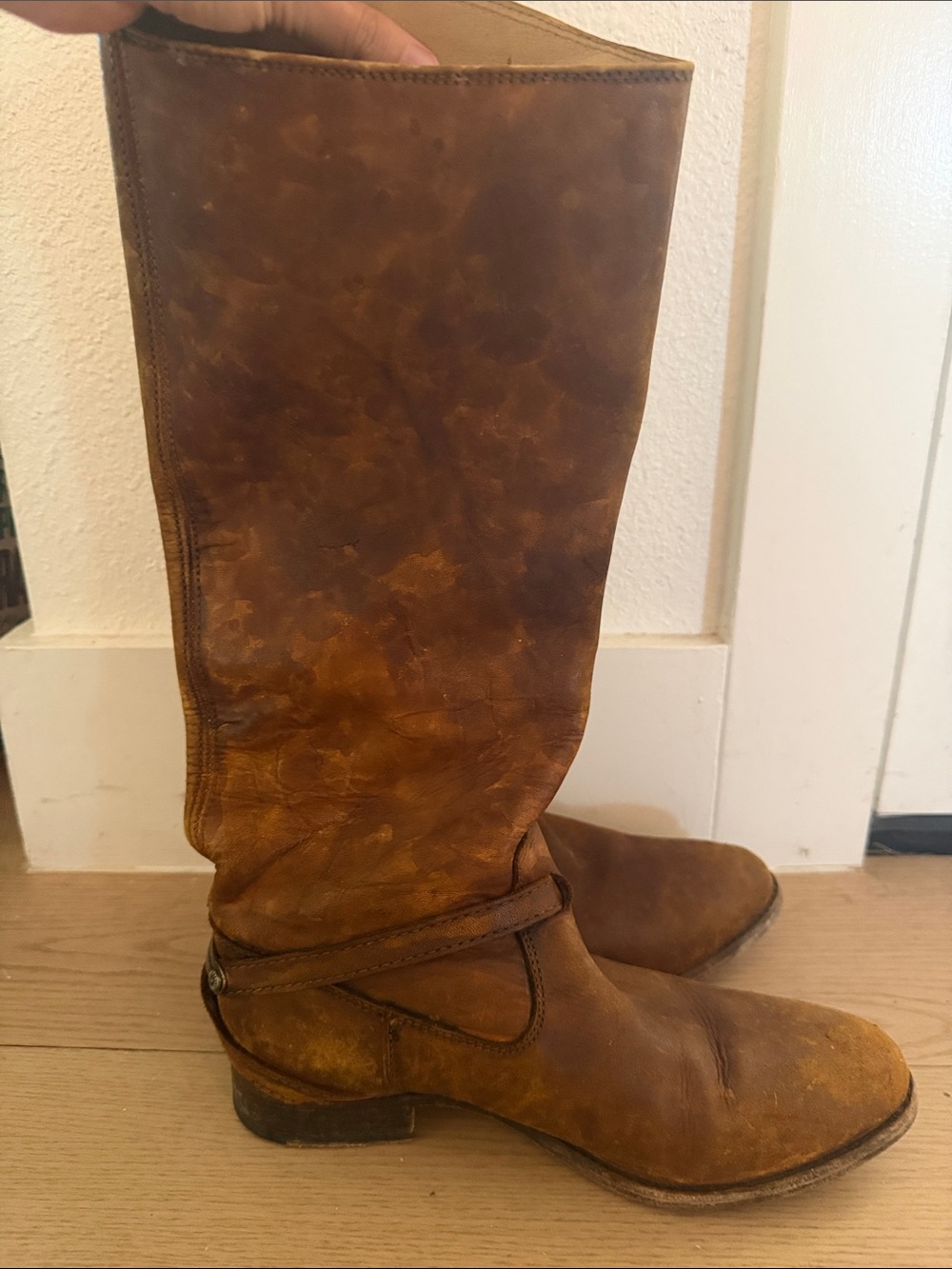 Frye Distressed Tan Leather Mid-Calf Riding Boots